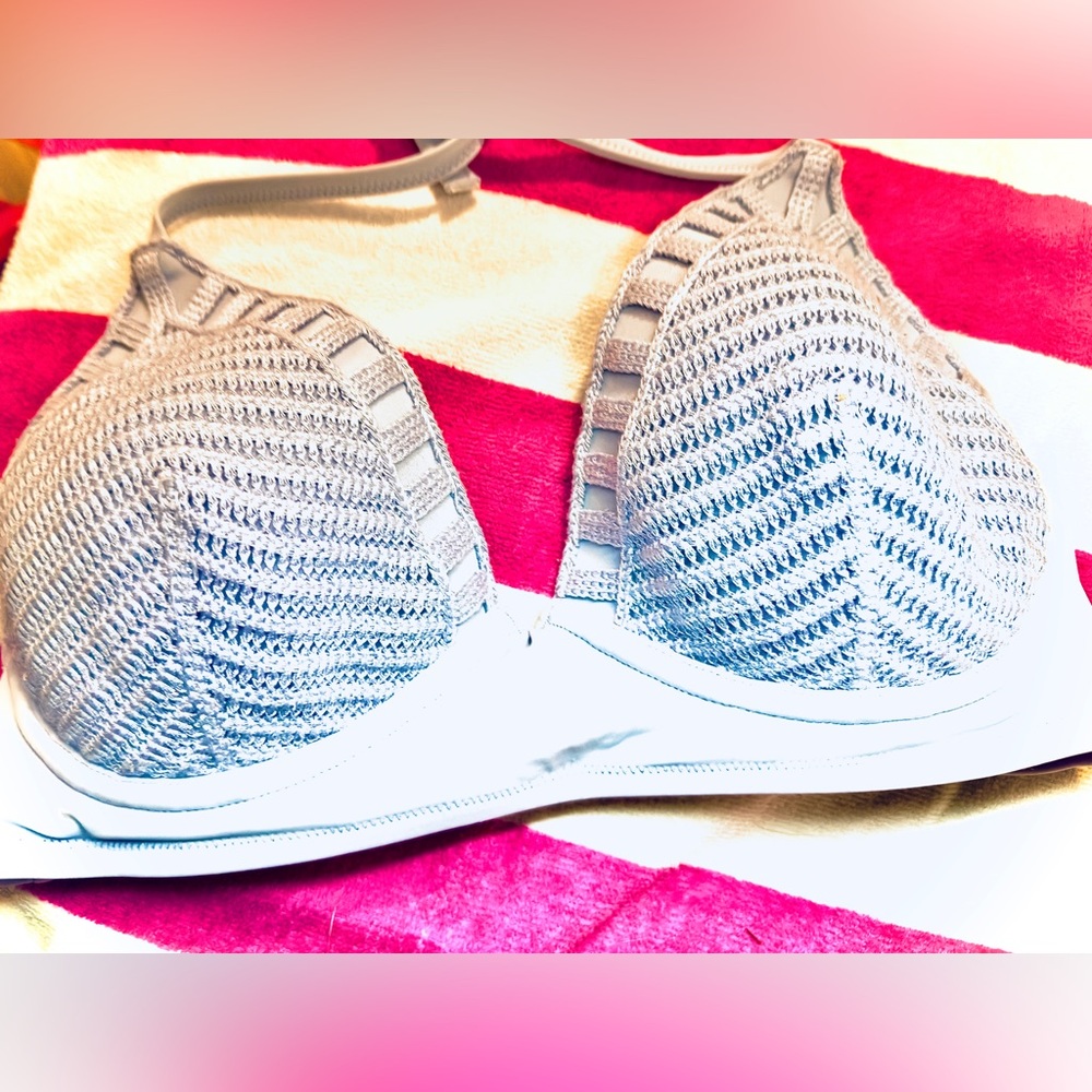 Shade & Shore Crochet Light Lift Halter Bikini Top- Baby Blue 34 D